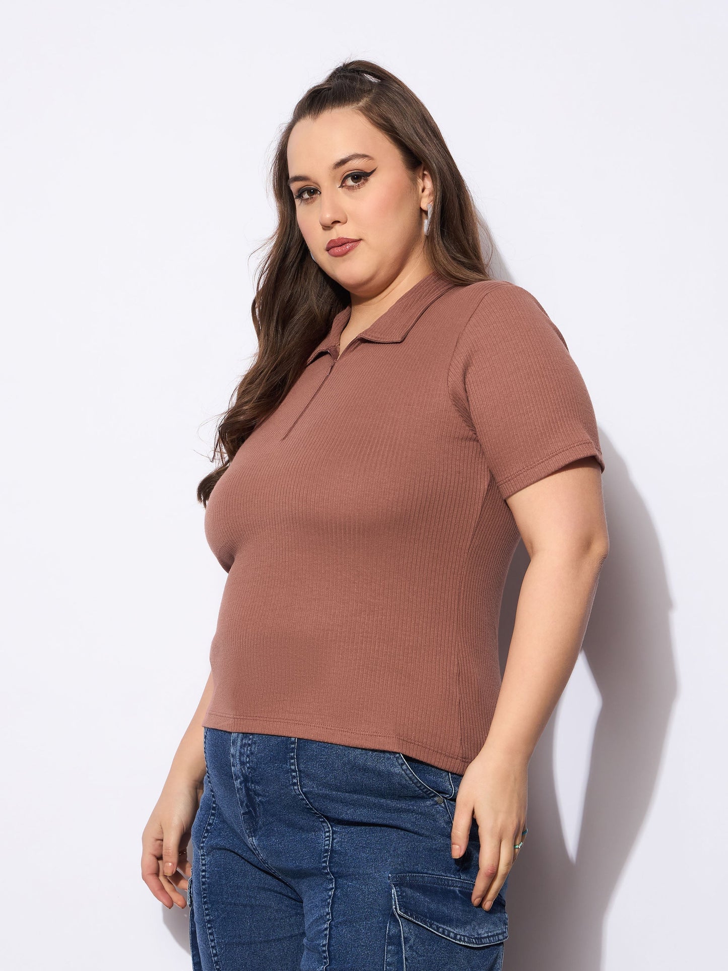 Women's Brown Rib Front Zipper Polo Neck T