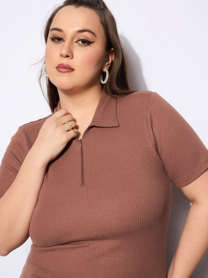 Women's Brown Rib Front Zipper Polo Neck T