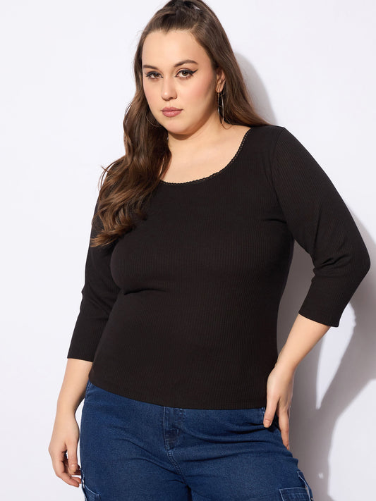 Women's Black Rib Round Neck Lace Detail T