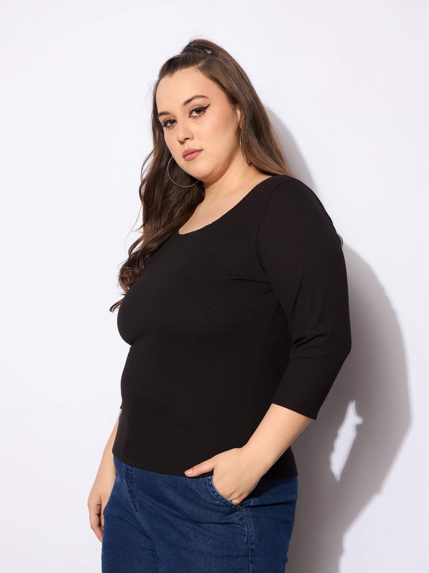 Women's Black Rib Round Neck Lace Detail T
