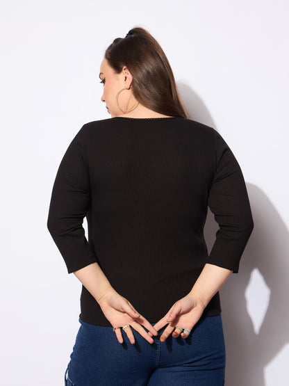 Women's Black Rib Round Neck Lace Detail T