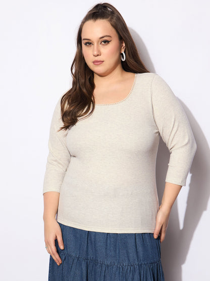 Women's Beige Melange Round Neck Lace Detail T