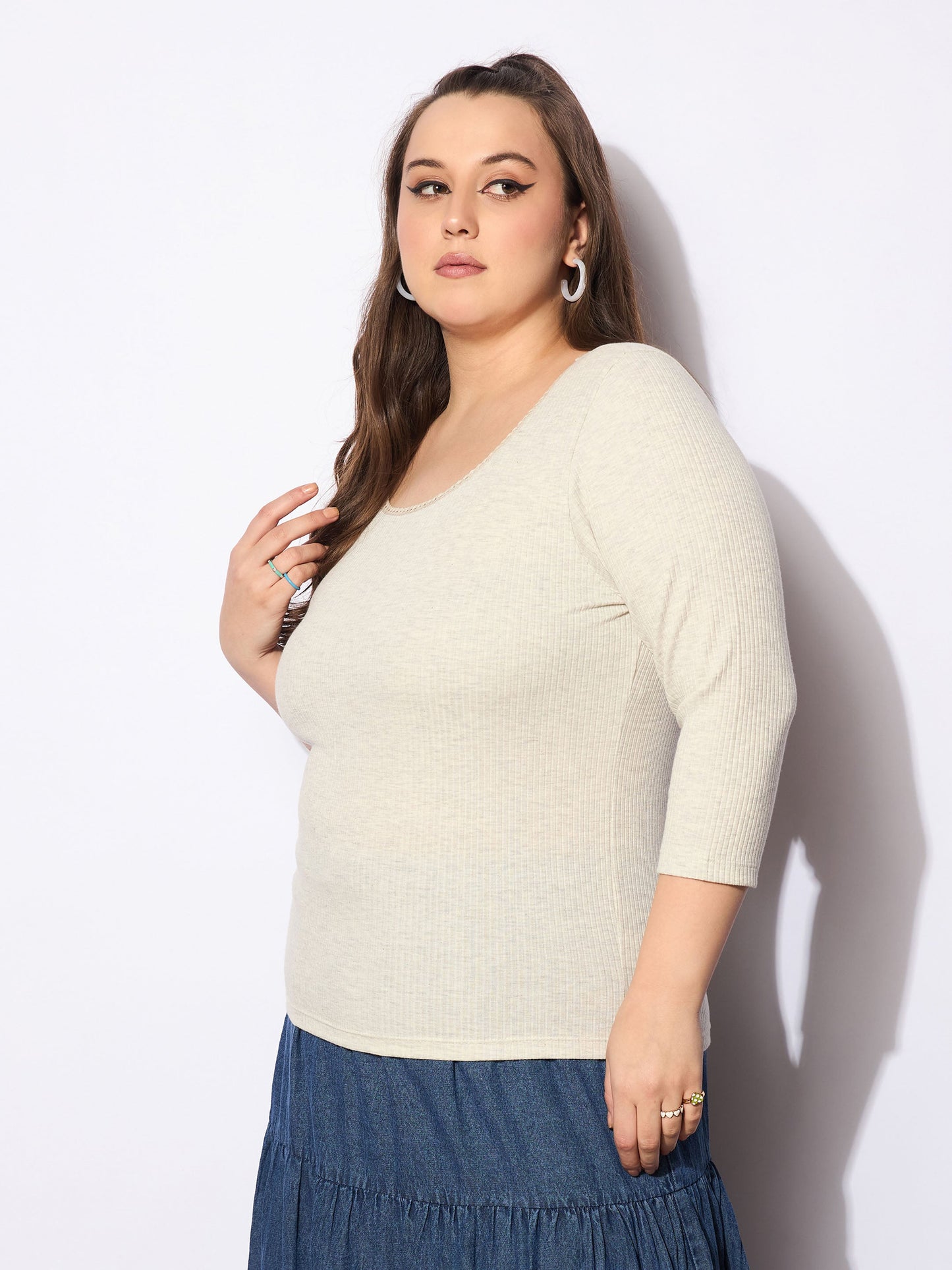 Women's Beige Melange Round Neck Lace Detail T