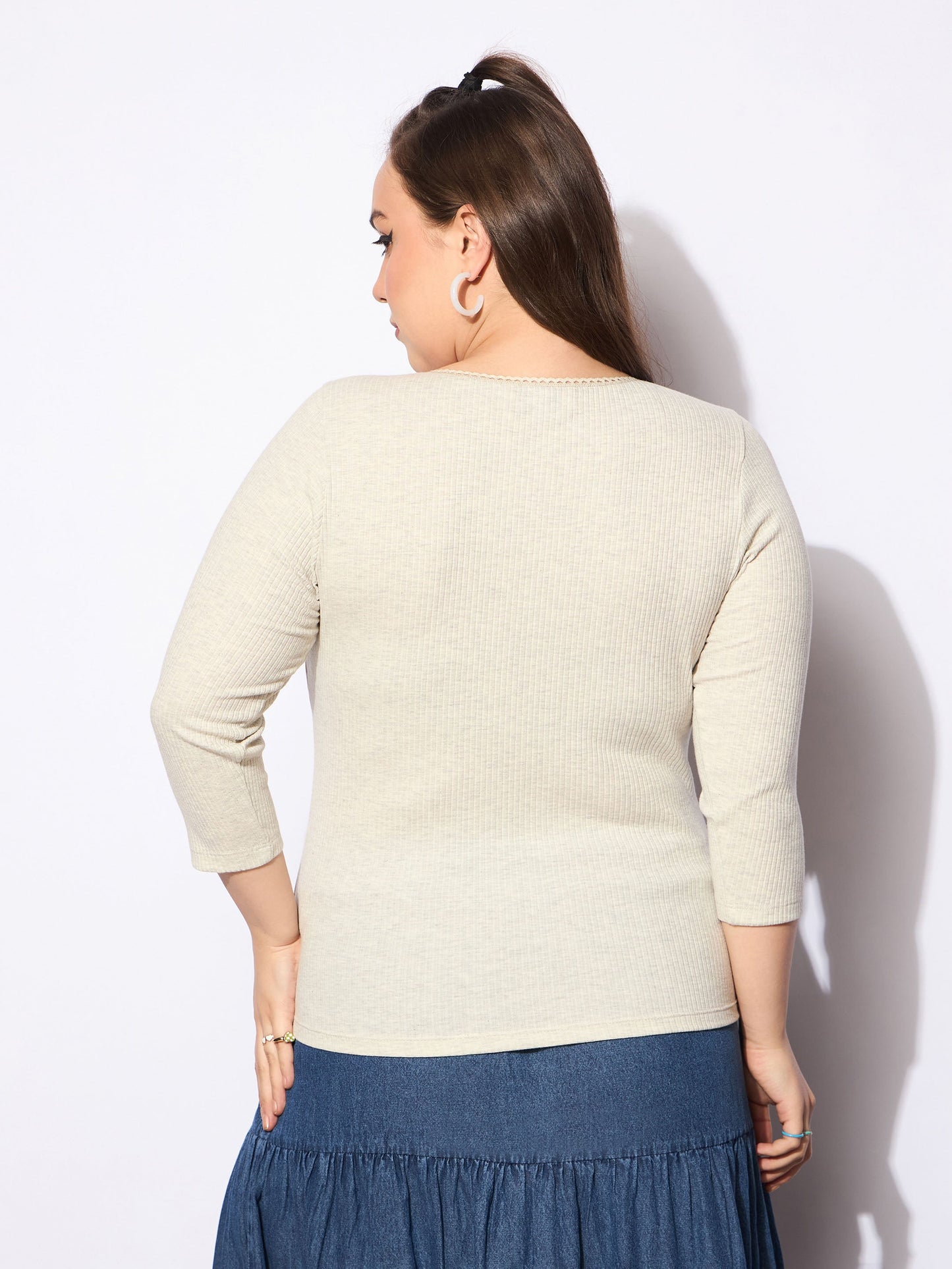 Women's Beige Melange Round Neck Lace Detail T