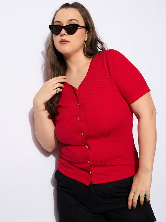 Women's Red Rib Front Button Lace Detail T