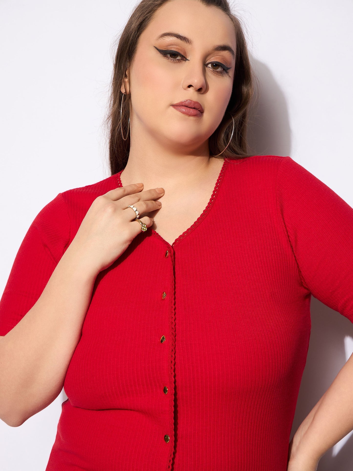 Women's Red Rib Front Button Lace Detail T