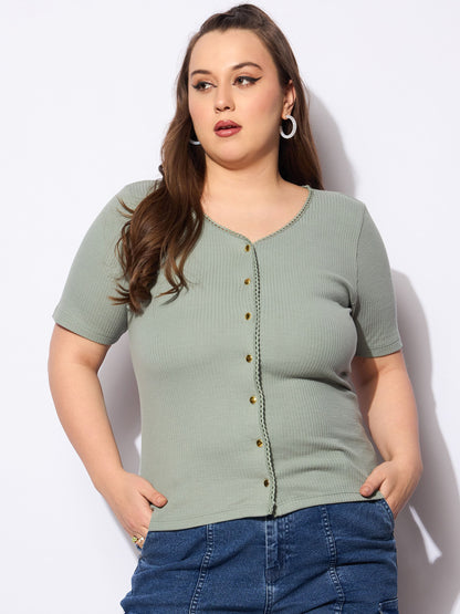 Women's Green Rib Front Button Lace Detail T
