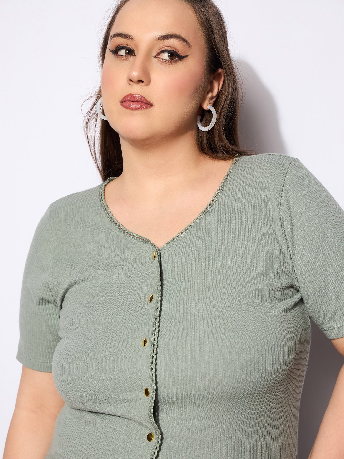 Women's Green Rib Front Button Lace Detail T