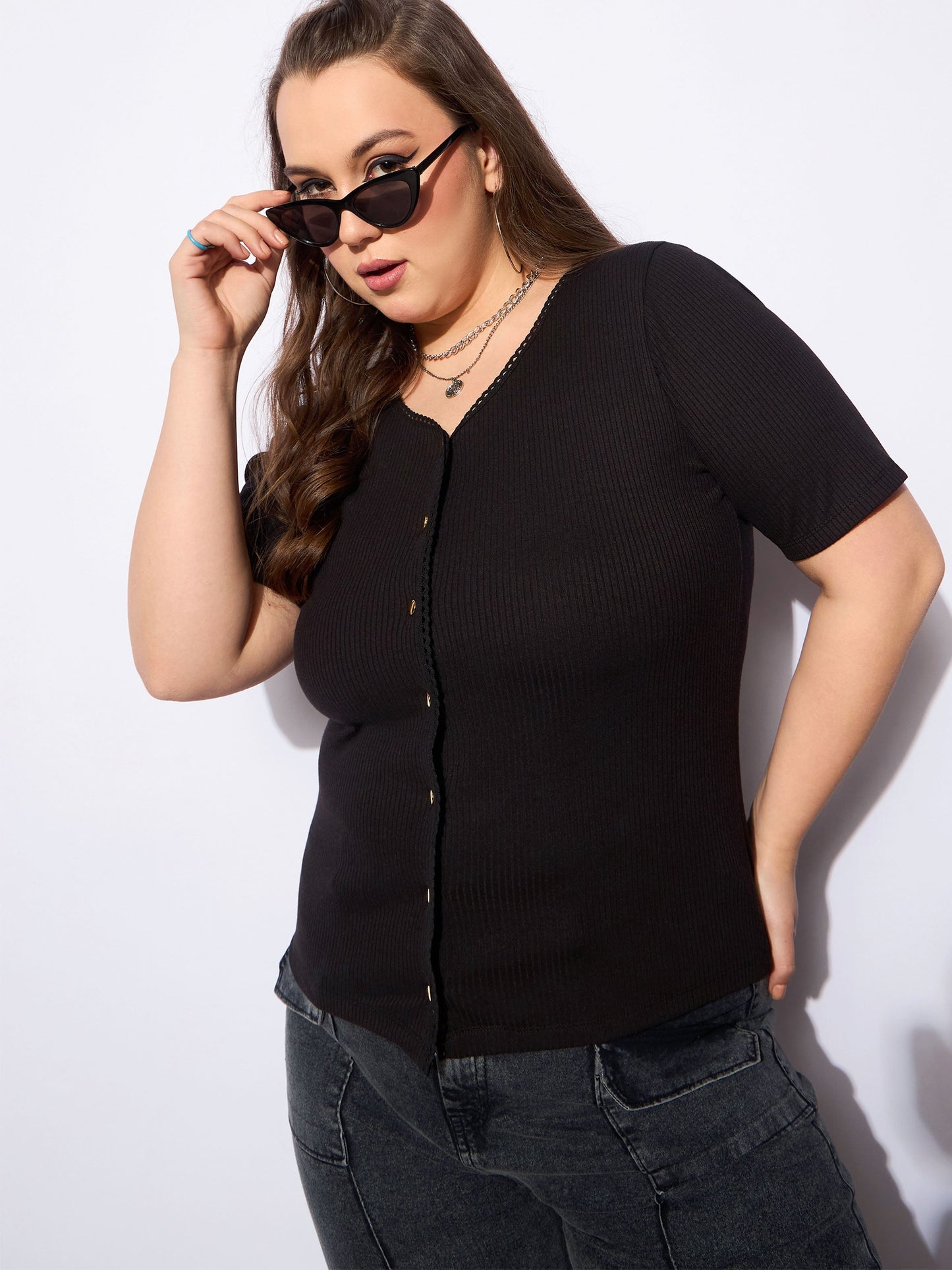 Women's Black Rib Front Button Lace Detail T