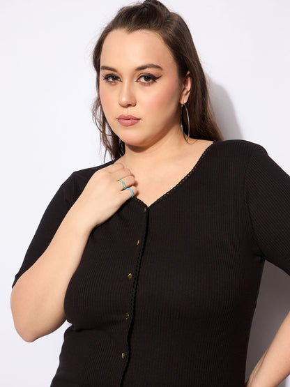Women's Black Rib Front Button Lace Detail T