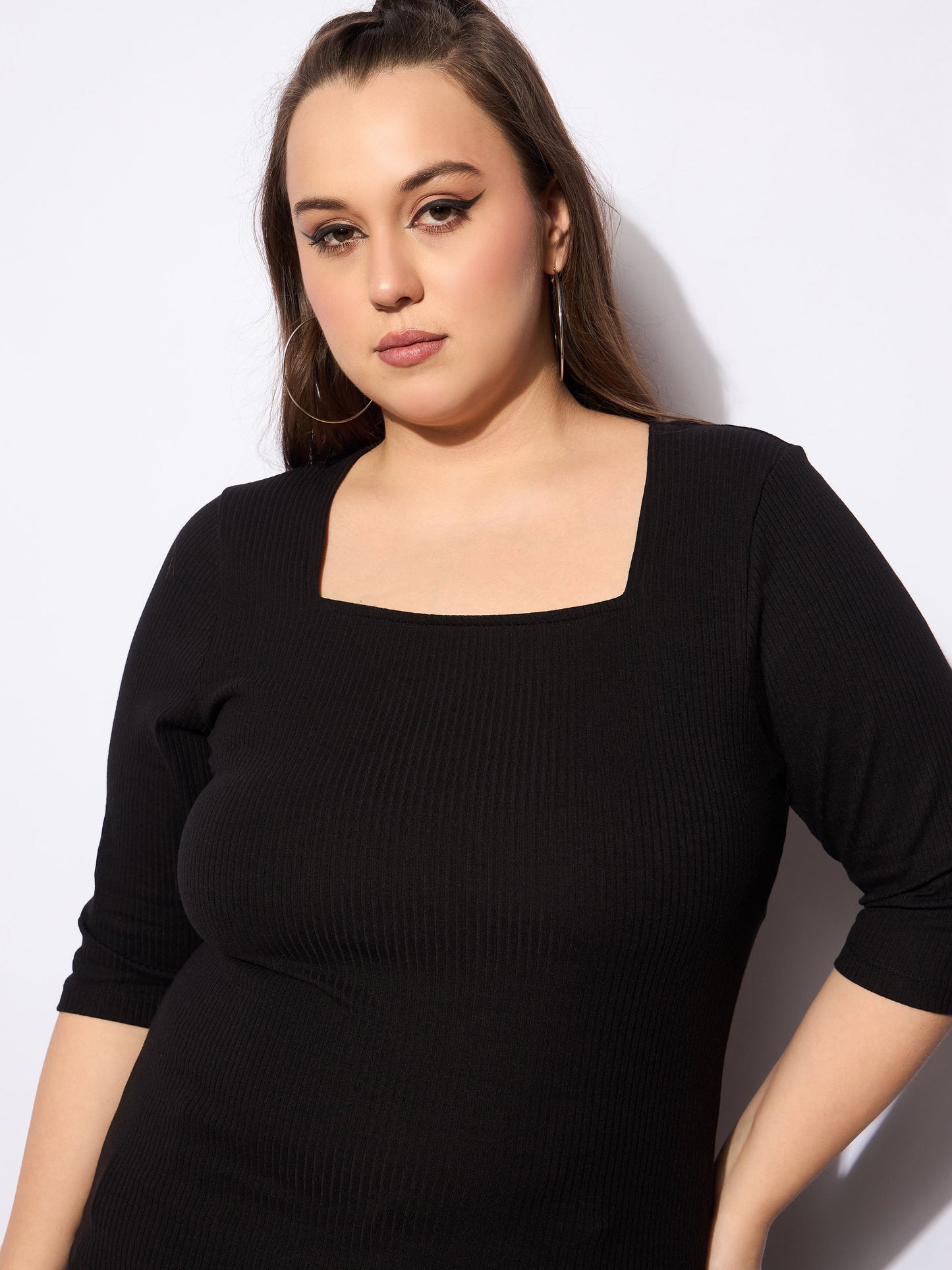 Women's Black Rib Square Neck T