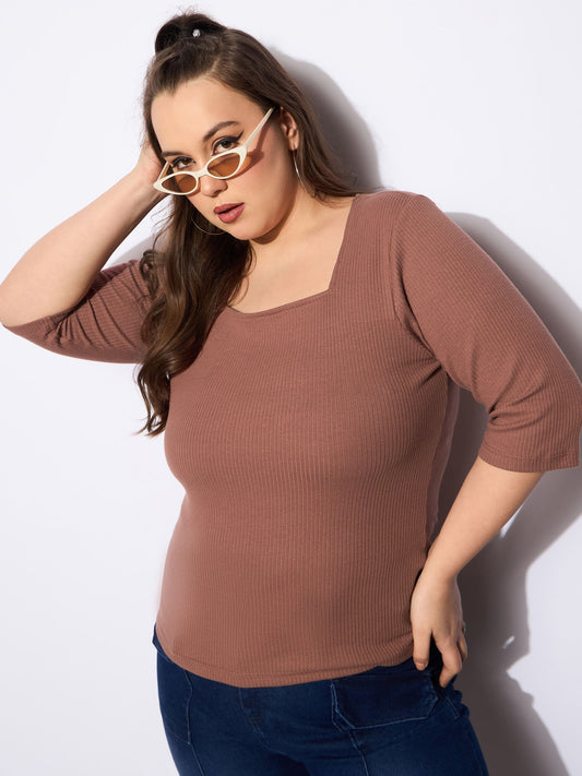 Women's Brown Rib Sqaure Neck T