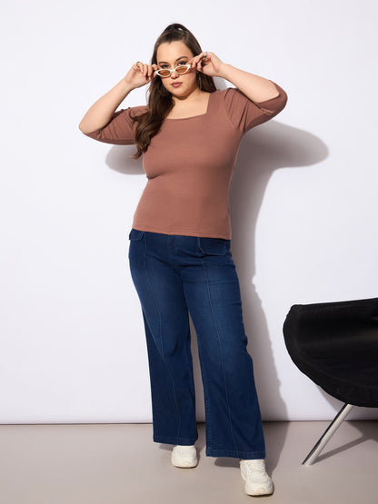 Women's Brown Rib Sqaure Neck T