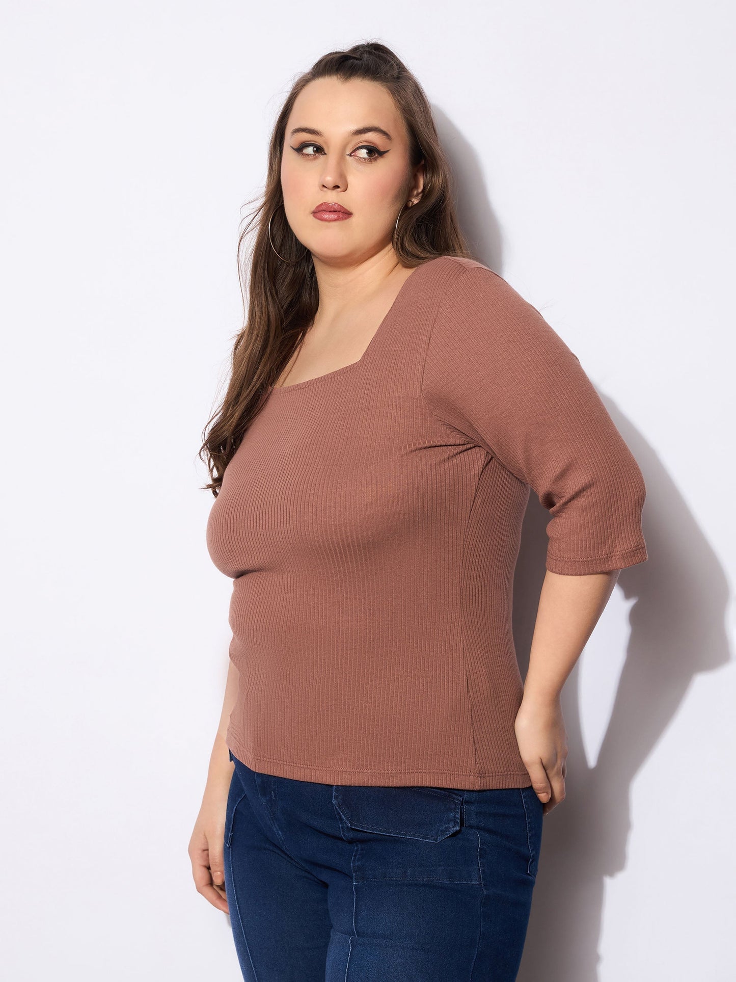 Women's Brown Rib Sqaure Neck T