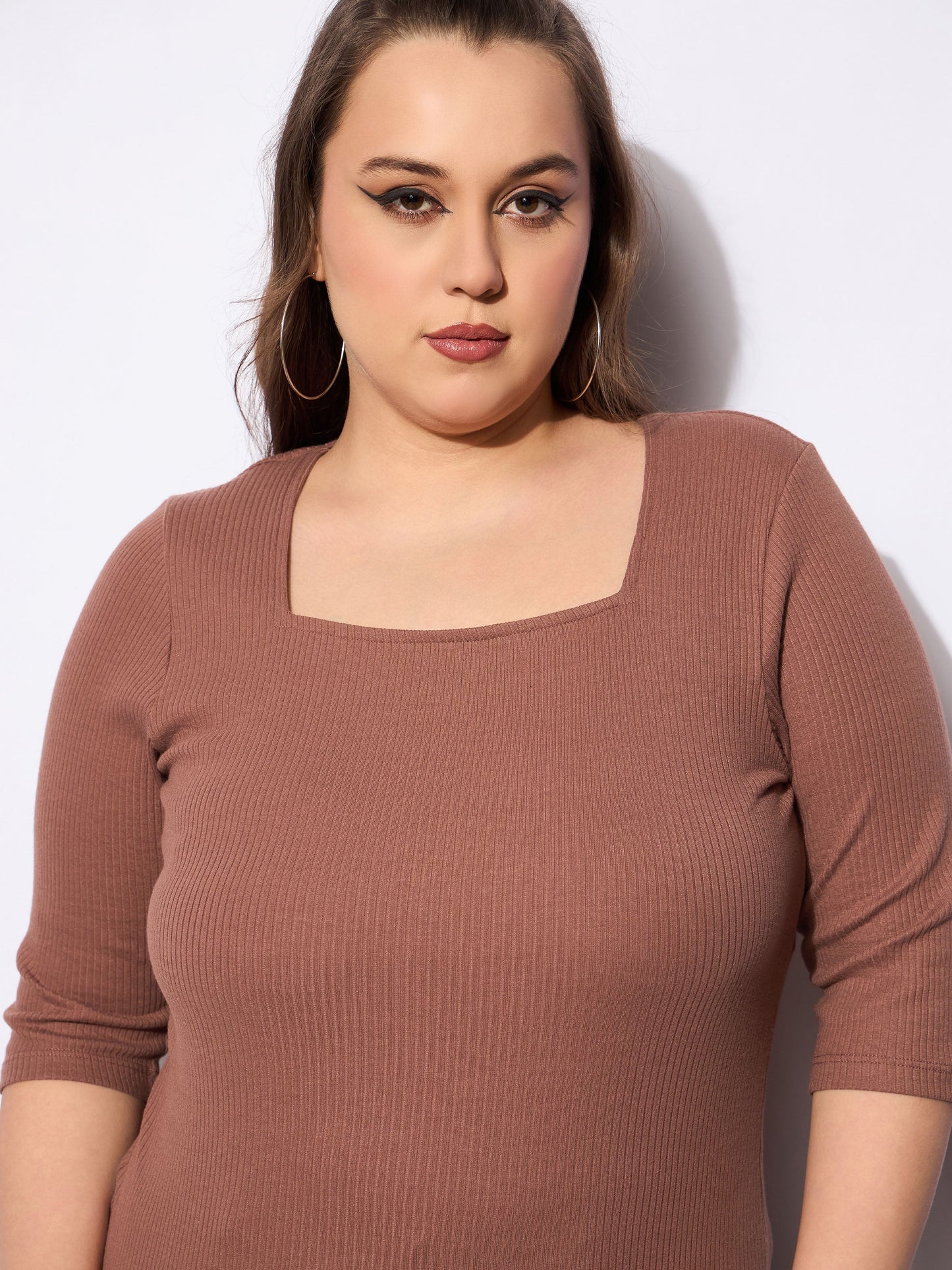 Women's Brown Rib Sqaure Neck T