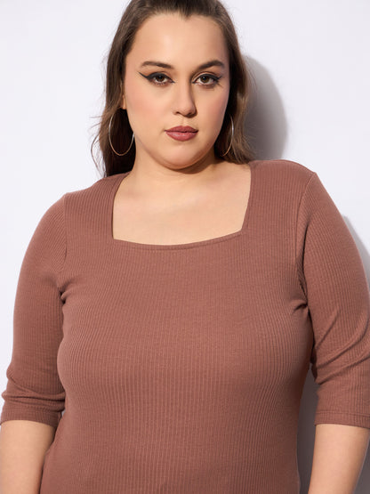 Women's Brown Rib Sqaure Neck T