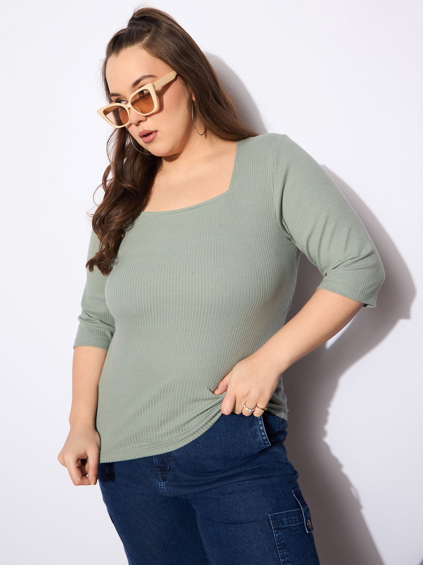 Women's Green Rib Square Neck T