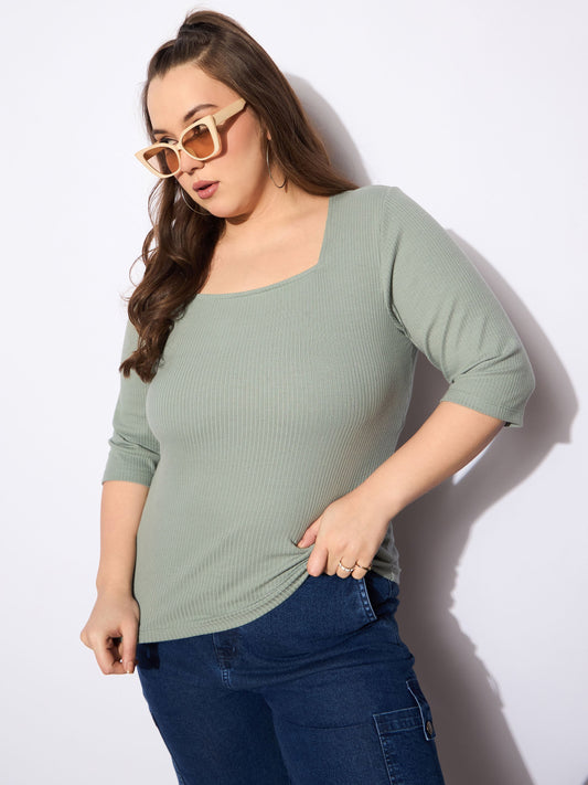 Women's Green Rib Square Neck T