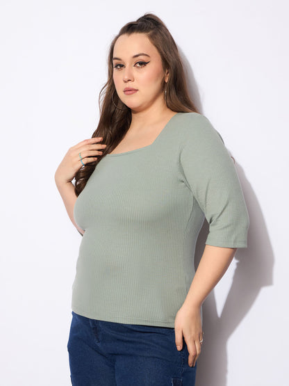 Women's Green Rib Square Neck T