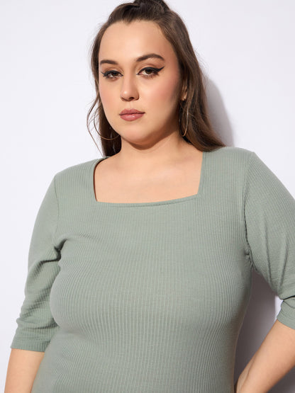 Women's Green Rib Square Neck T