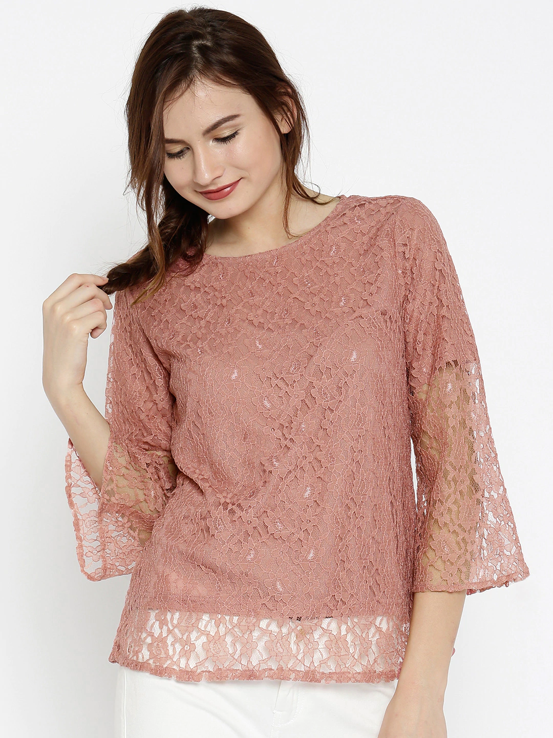 Women's Lace Bell Sleeves Pink Top