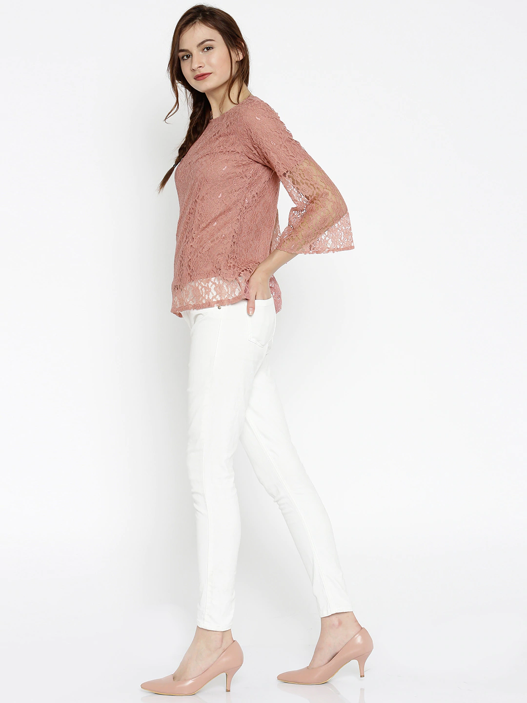 Women's Lace Bell Sleeves Pink Top
