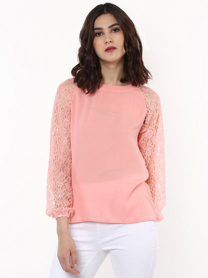 Women's Pink Raglan Lace Top