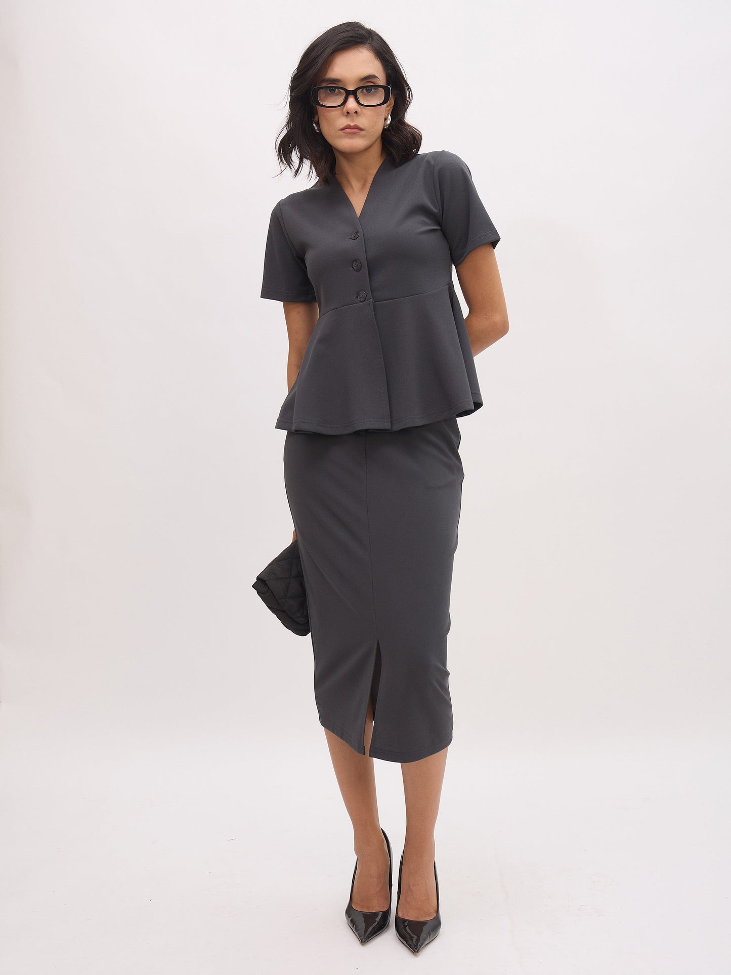 Women's Dark Grey V Neck Half Sleeve Peplum Top