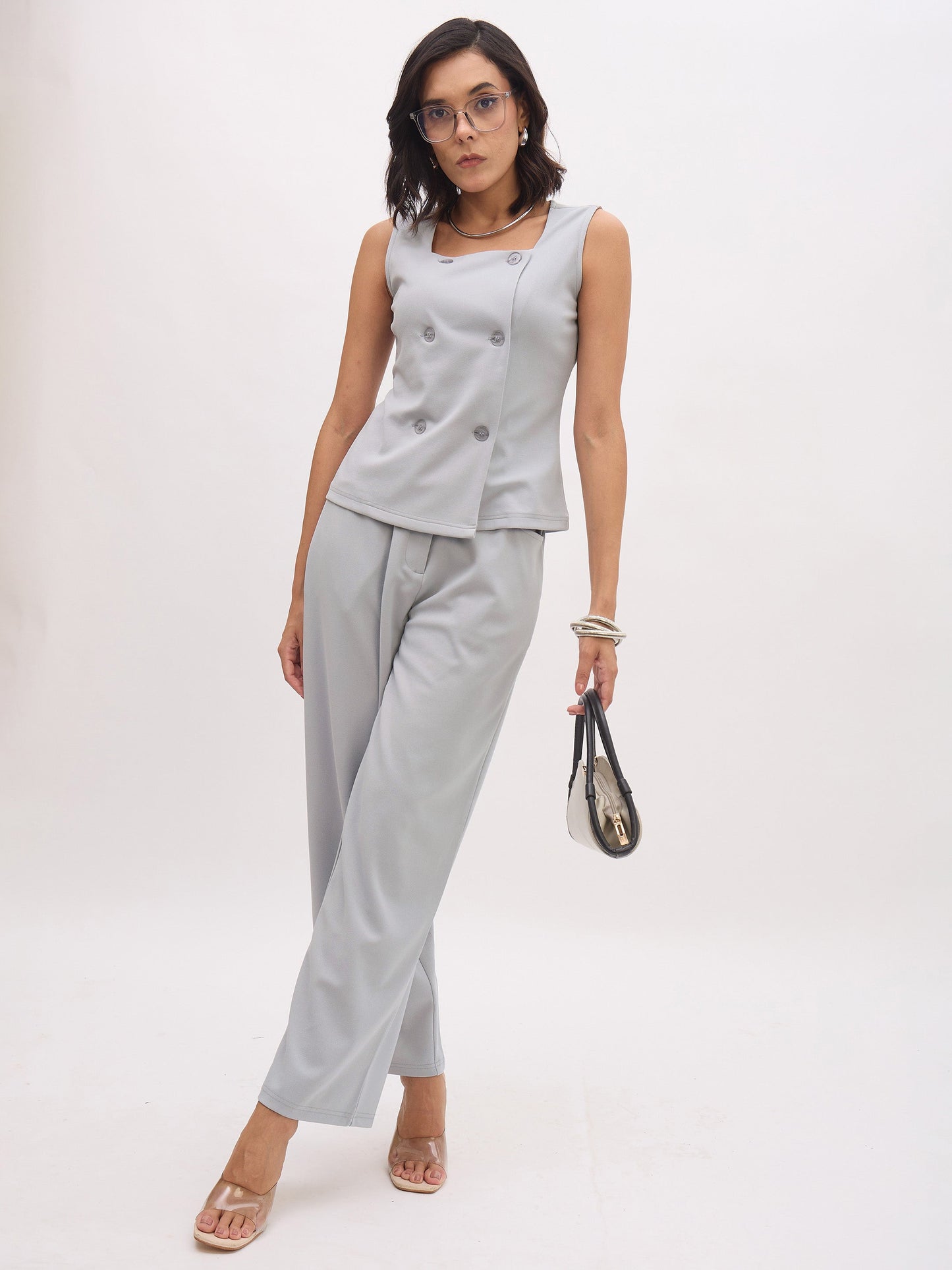 Women's Grey Sleeveless Square Neck Button Top