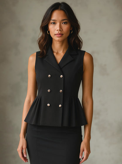 Women's Black Sleeveless Notch Collar Button Top