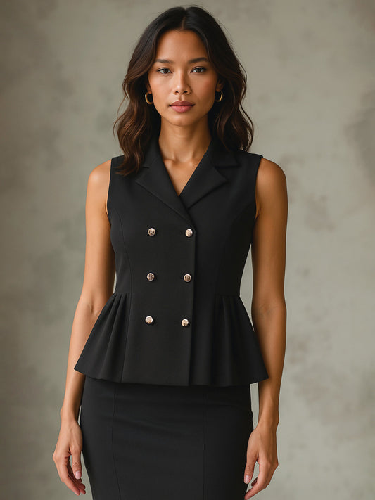 Women's Black Sleeveless Notch Collar Button Top