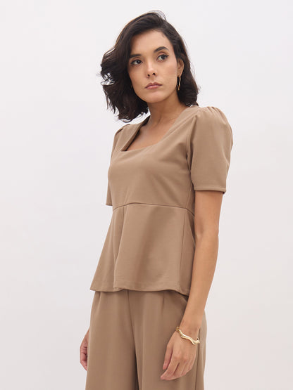 Women's Beige Square Neck Front Slit Top