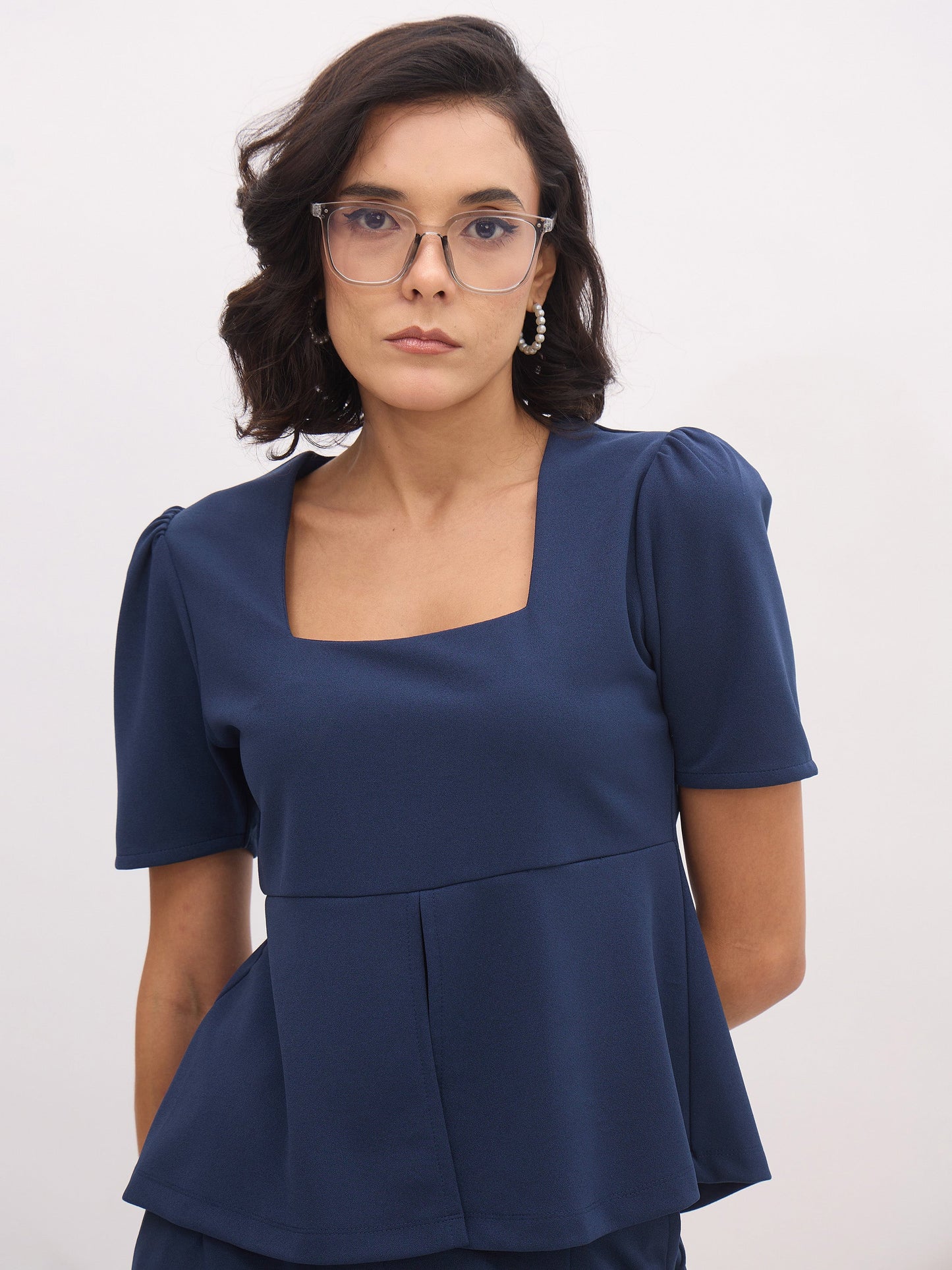 Women's Blue Square Neck Front Slit Top