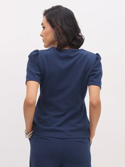 Women's Blue Square Neck Front Slit Top