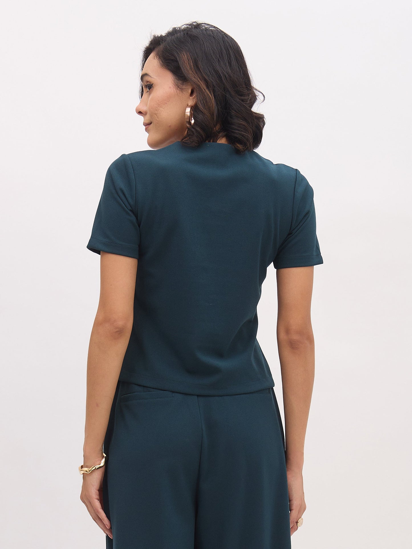 Women's Emerald Square Neck Half Sleeves Button Top