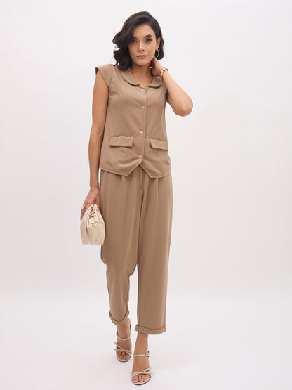 Women's Beige PeterPan Collar Cap Sleeve Button Top