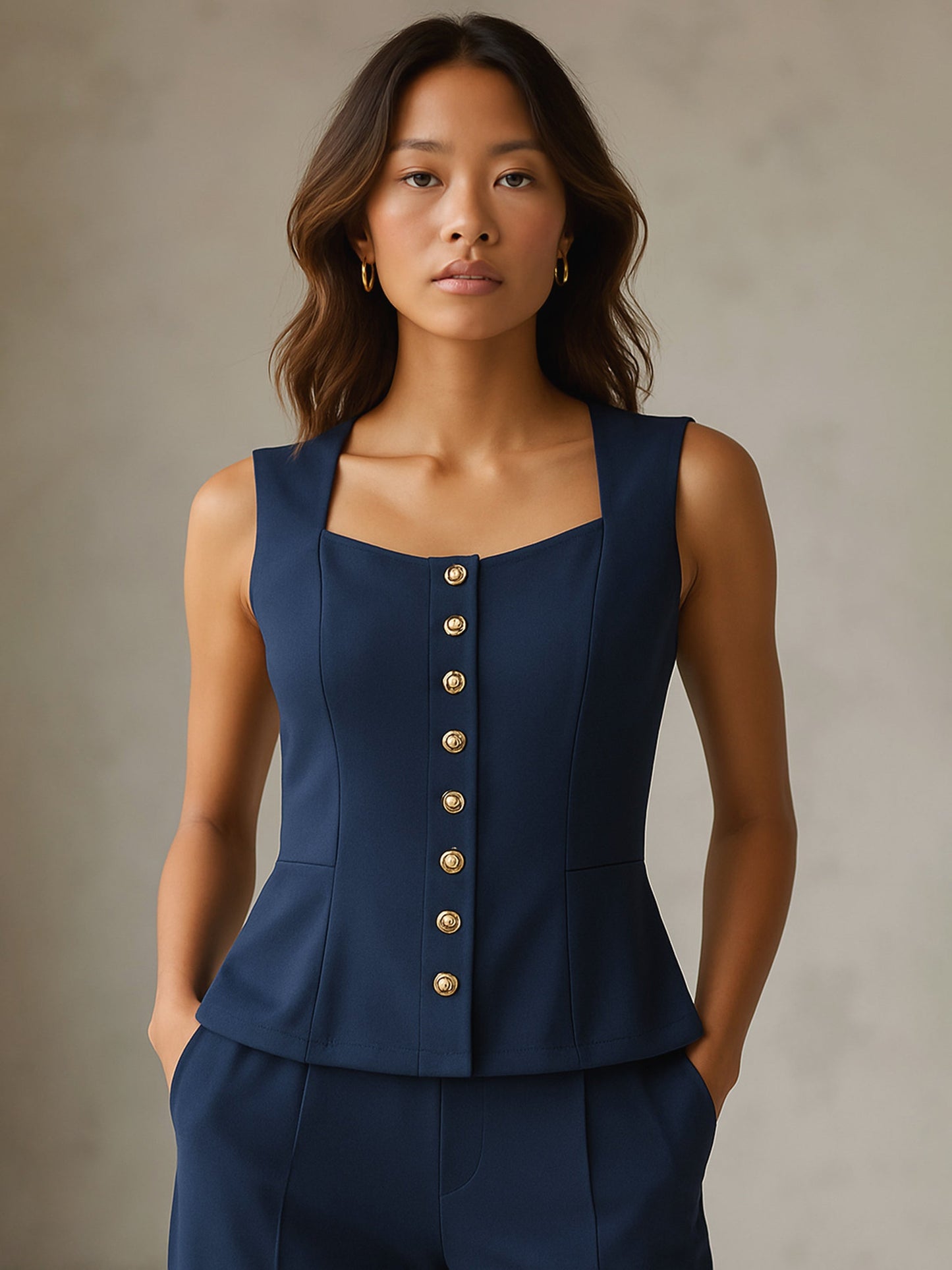 Women's Blue Rhombus Neck Sleeveless Front Button Top