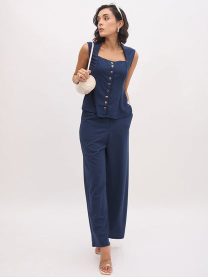 Women's Blue Rhombus Neck Sleeveless Front Button Top