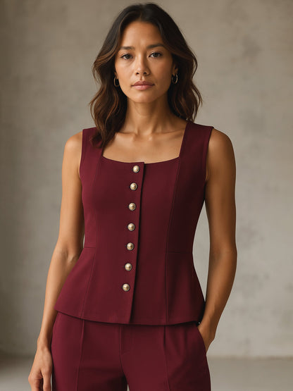 Women's Burgundy Rhombus Neck Sleeveless Front Button Top