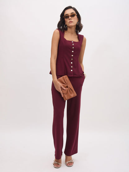Women's Burgundy Rhombus Neck Sleeveless Front Button Top