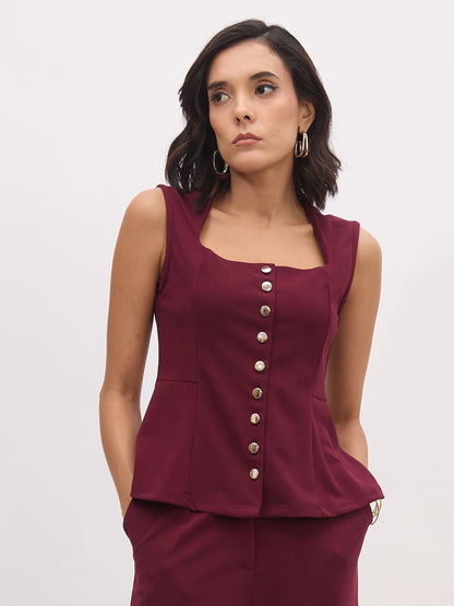 Women's Burgundy Rhombus Neck Sleeveless Front Button Top