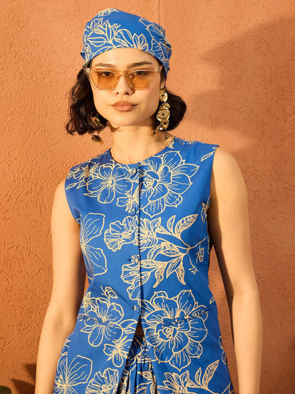 Women's Blue Poplin Floral Sleeveless Vest Top
