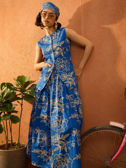Women's Blue Poplin Floral Sleeveless Vest Top