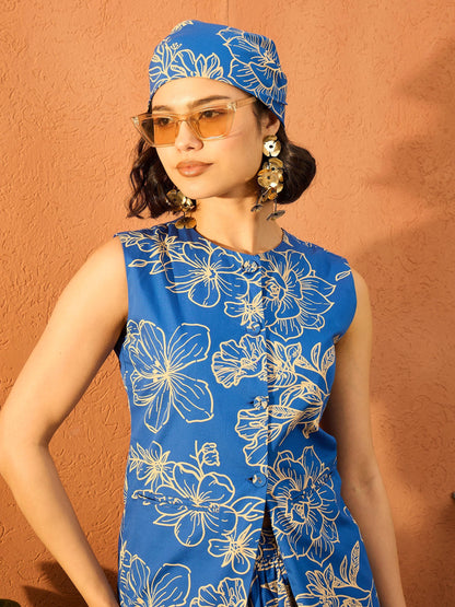 Women's Blue Poplin Floral Sleeveless Vest Top