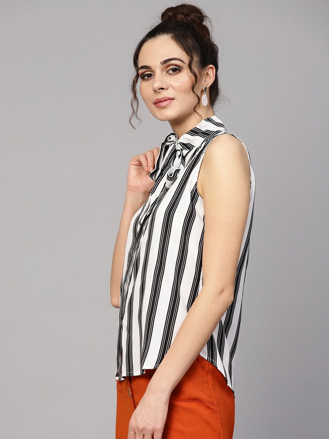Women's Black & White Stripes Neck Tie Top