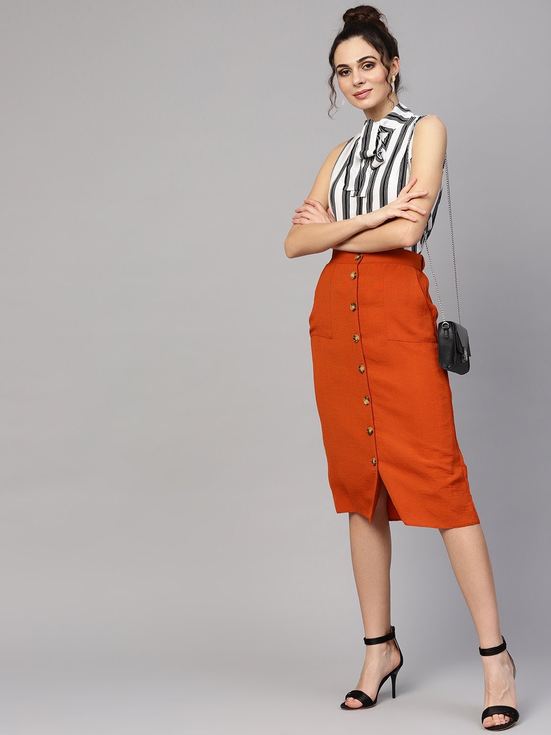 Women's Black & White Stripes Neck Tie Top