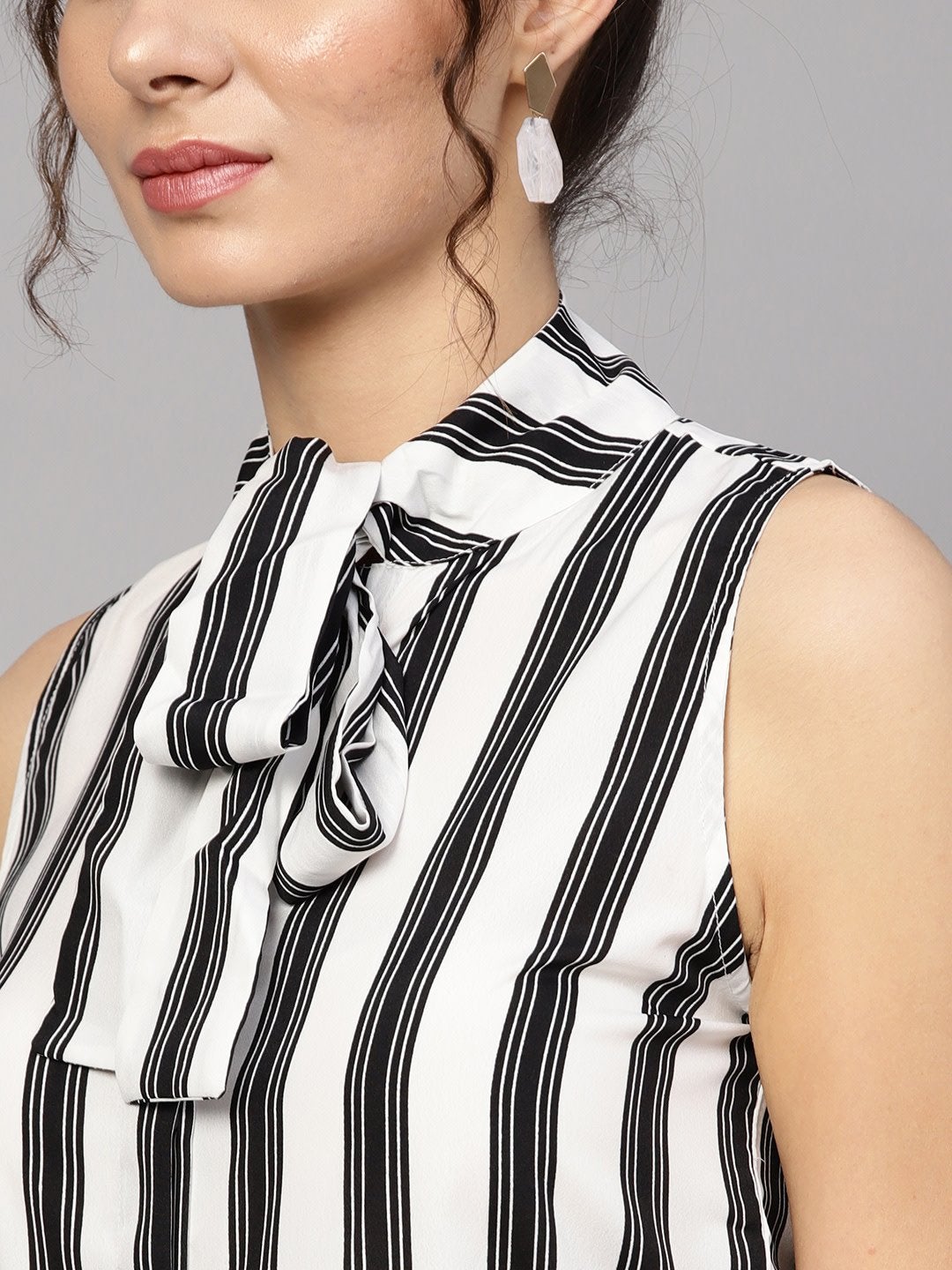 Women's Black & White Stripes Neck Tie Top