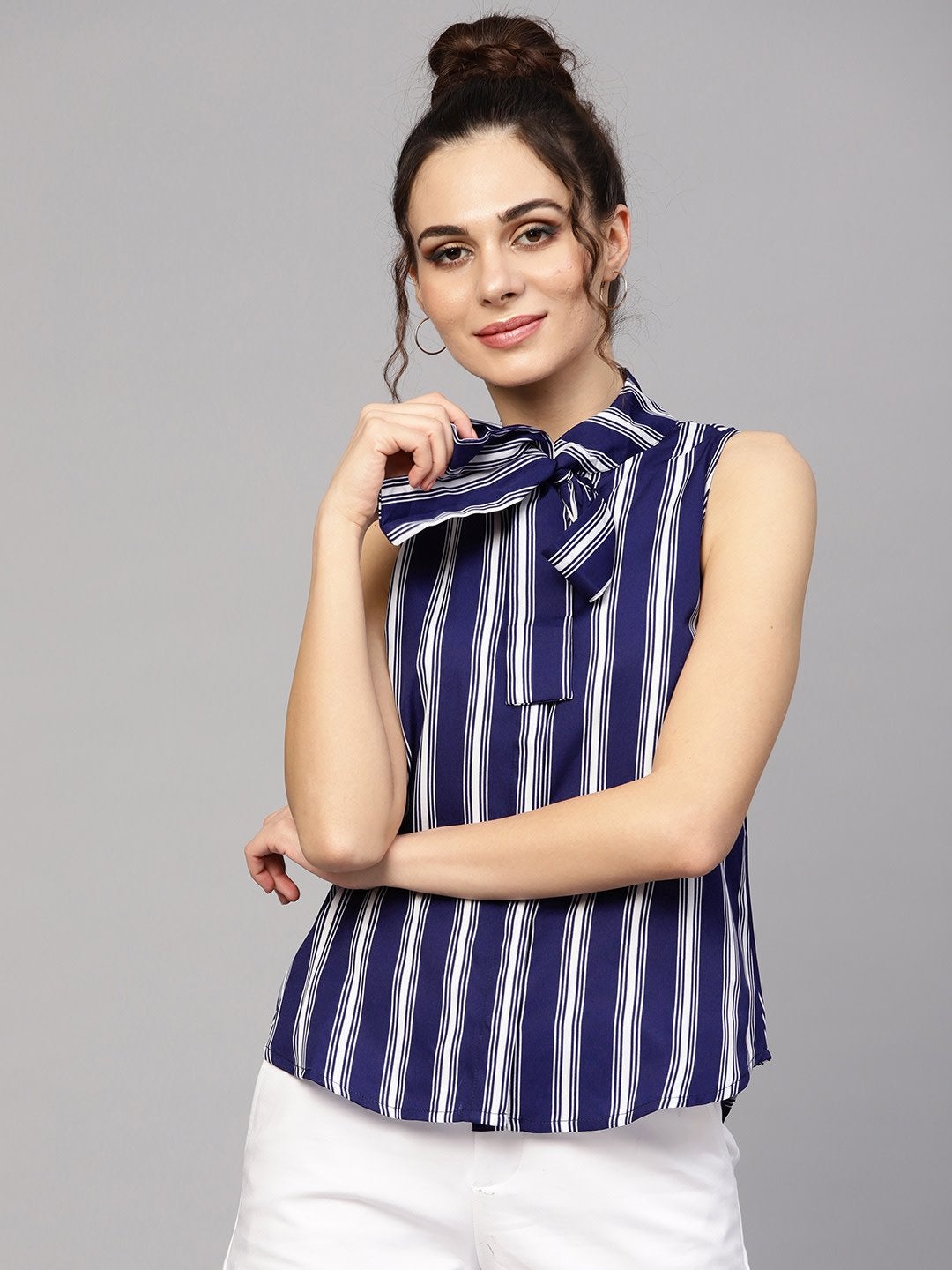 Women's Navy & White Stripes Neck Tie Top