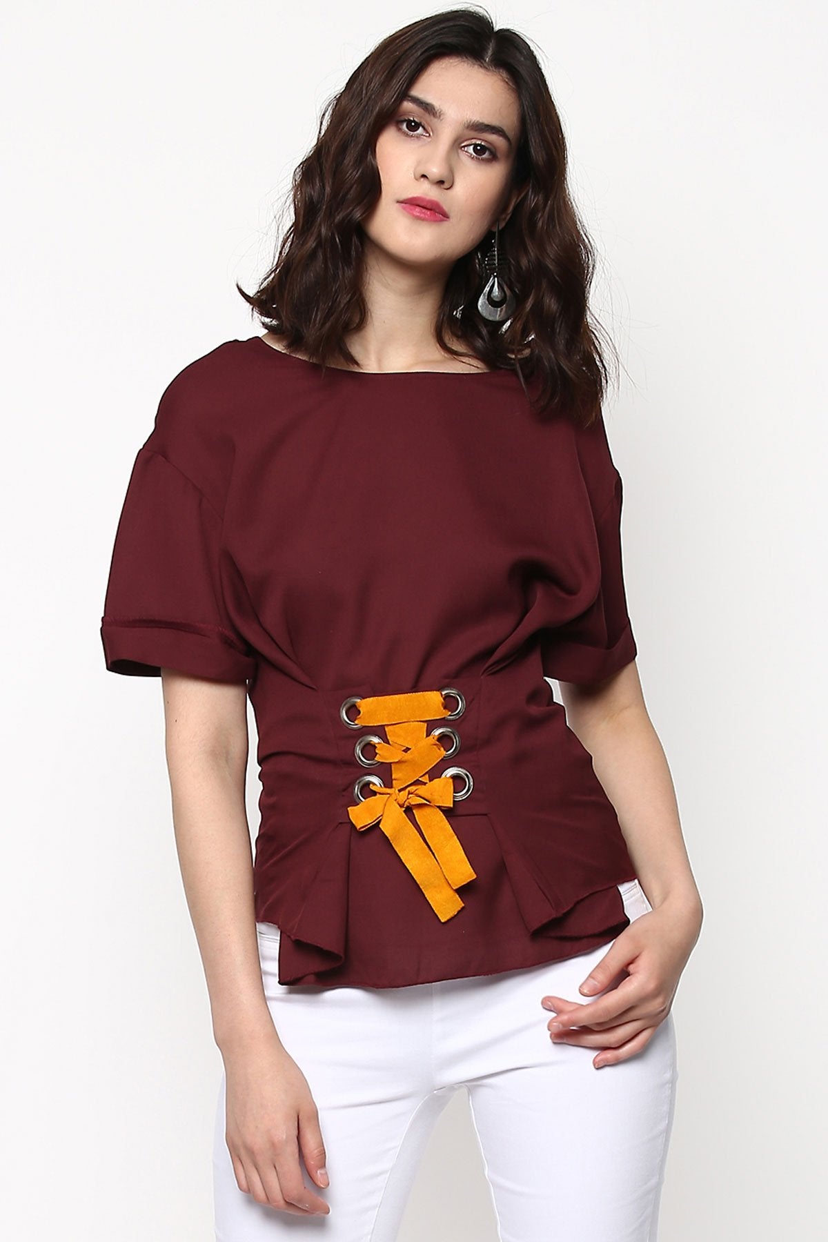 Women's Maroon Lace-Up Waist Top