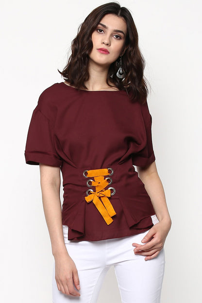 Women's Maroon Lace-Up Waist Top